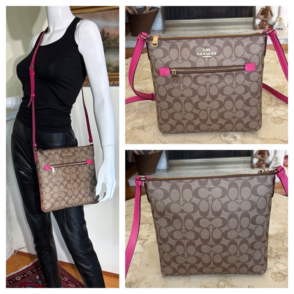 NWT Coach Rowan File Bag Signature Monogram Canvas & Pink Leather